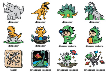 Set of illustrations in a dinosaur museum concept in line drawing style