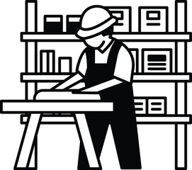 A man in a hard hat is working on a table