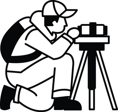 surveyor kneeling, black and white, surveying equipment clip art preview