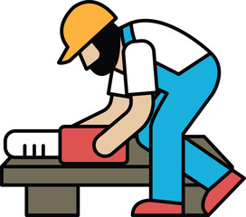 A man in a blue jumpsuit is working on a project