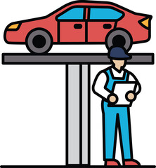 A mechanic is standing on a lift with a red car in front of him