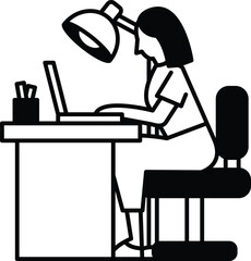 A woman is sitting at a desk with a laptop and a cup