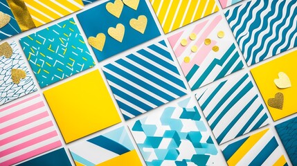 Obraz premium Bright Yellow Teal Geometric Patterns Hearts Background