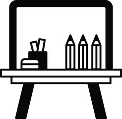 A black and white drawing of a desk with a chalkboard, pencils, and a cup