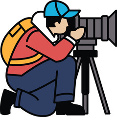 A man is crouching down and taking a picture with a camera