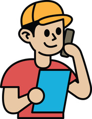 A cartoon boy is talking on a cell phone while holding a blue piece of paper