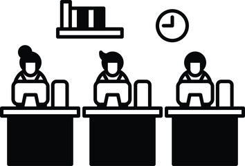 Three people are sitting at desks in a classroom