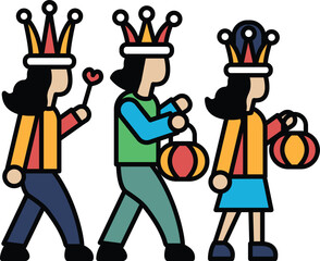 Three people dressed in costumes, one of them holding a wand