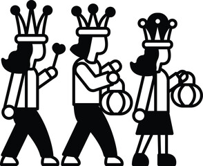 Three people dressed as kings and queens are walking down a street