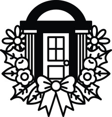 A black and white drawing of a door with a bow on it