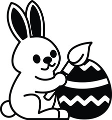 A black and white drawing of a rabbit holding an Easter egg