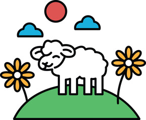 A cartoon sheep is standing on a hill with a sun in the background