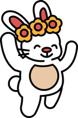 A cartoon rabbit with a flower crown on its head is jumping up and down