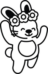 A rabbit with a flower crown on its head is jumping up and down