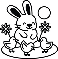 A rabbit is holding three baby birds