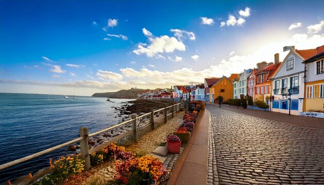 Seaside Village Stroll_A peaceful seaside town with cobblestone streets, colorful cottages, 