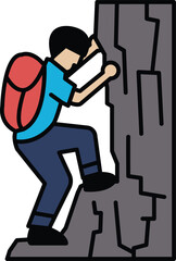 A man is climbing a rock with a backpack on