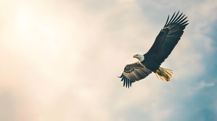 Obraz premium Majestic Bald Eagle Soaring Through Cloudy Skies