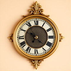 Elegant vintage clock with ornate gold detailing and Roman numerals on a beige background. The...