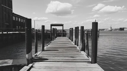 Obraz premium Black and White Photography of a Wooden Dock Extending into the Water
