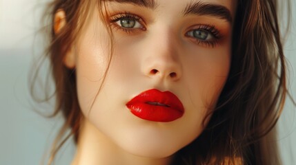 Fototapeta premium Beautiful stunning brunette white-skinned girl with red lips looking at the camera,