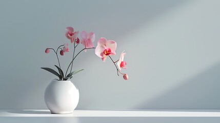 A ceramic pot containing a vibrant pink orchid with delicate blossoms, sitting on a minimalist white table against a plain gray background. 8k UHD, suitable for high-quality printing or digital 