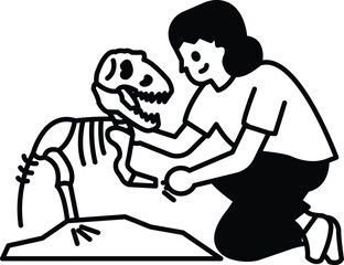 A woman is kneeling down next to a dinosaur skeleton