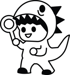 A cartoon character in a dinosaur costume holding a bubble wand