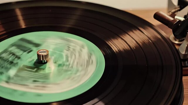 vinyl record green label evoking nostalgia classic close up rotating vintage music captured sharp 4K detail