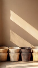 Fototapeta premium Stacked beige, brown, and yellow baskets in sunlight.