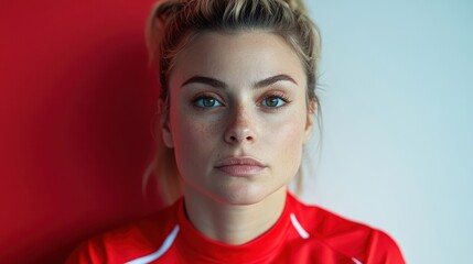 Woman athlete portrait, red white background, studio