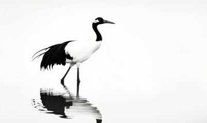 Obraz premium Red-crowned crane wading, serene wetland, Japan, monochrome, nature