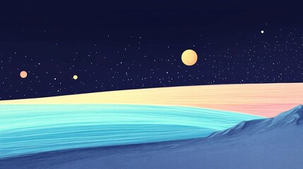 Dreamlike Pastel Digital Painting: Serene Alien Planet Landscape at Night. AI Generated