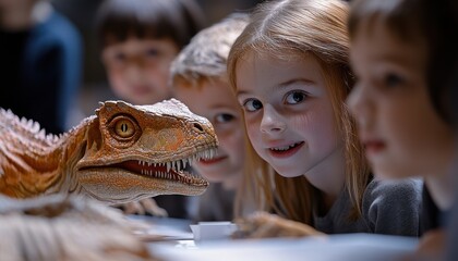 Children marvel at robotic dinosaur in museum exhibit