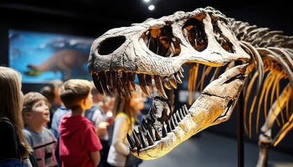 Museum T-Rex exhibit, children viewing, paleontology display