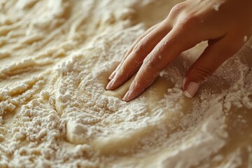 a woman's hand kneading flour dough