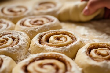 Fototapeta premium A woman's hand rolling dough into cinnamon rolls