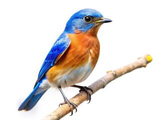 Fototapeta premium Winsome bluebird, tiny and charming, sits on a branch, a pristine white backdrop enhancing its miniature tilt-shift charm.