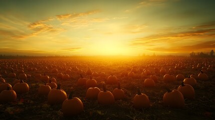 Obraz premium Golden Sunset Over A Vast Pumpkin Patch Field