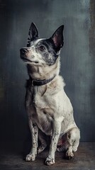 Portrait of a beautiful spotted dog sitting against a dark background
