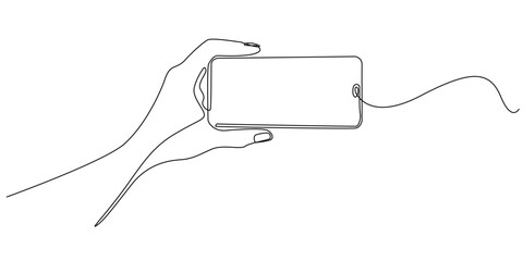 continuous line drawing of a hand holding a cellphone horizontally.one line drawing of a hand playing games with a cellphone.single line vector illustration of turning a cellphone.