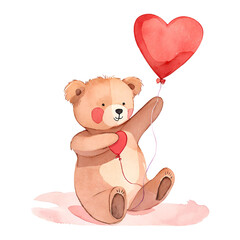 Watercolor illustration of a cute teddy bear holding a heart balloon. floating in the air white background png