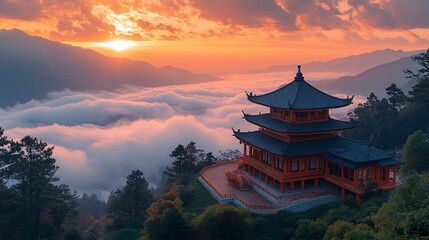Fototapeta premium Mountaintop Pagoda Sunset Serene Cloudscape View