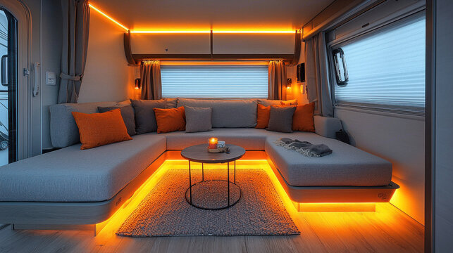 Cozy camper van interior with ambient lighting and comfortable seating.