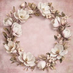 Pastel magnolia wreath on pink background.