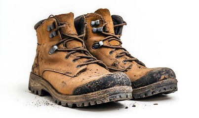 A pair of worn, muddy hiking boots on a white background.