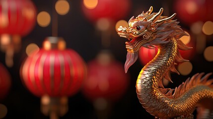 Obraz premium A vibrant dragon statue in front of glowing red lanterns, symbolizing cultural heritage and celebration.