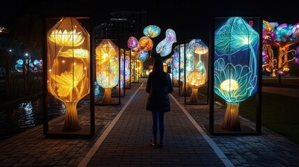 Fototapeta premium A person walks down a lit pathway adorned with colorful illuminated sculptures resembling flowers and plants at night.