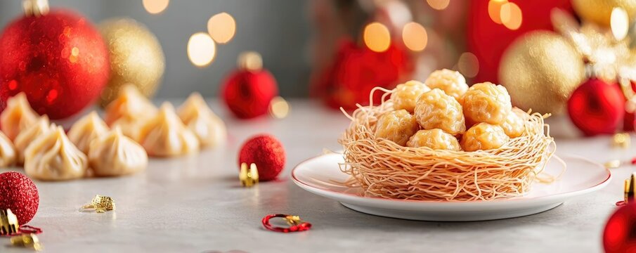 Crispy noodle nest filled with golden dumplings, surrounded by red and gold decorations, festive and creative concept