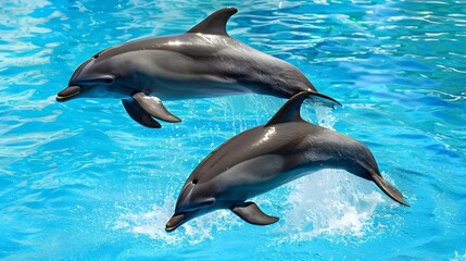 Two dolphins are captured in mid-leap, showcasing their graceful aquatic movements.